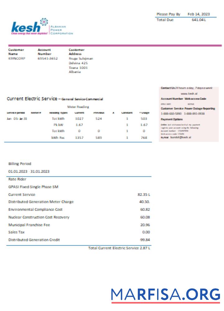 Realistic Albanian Power Corporation utility business bill, SCR sample